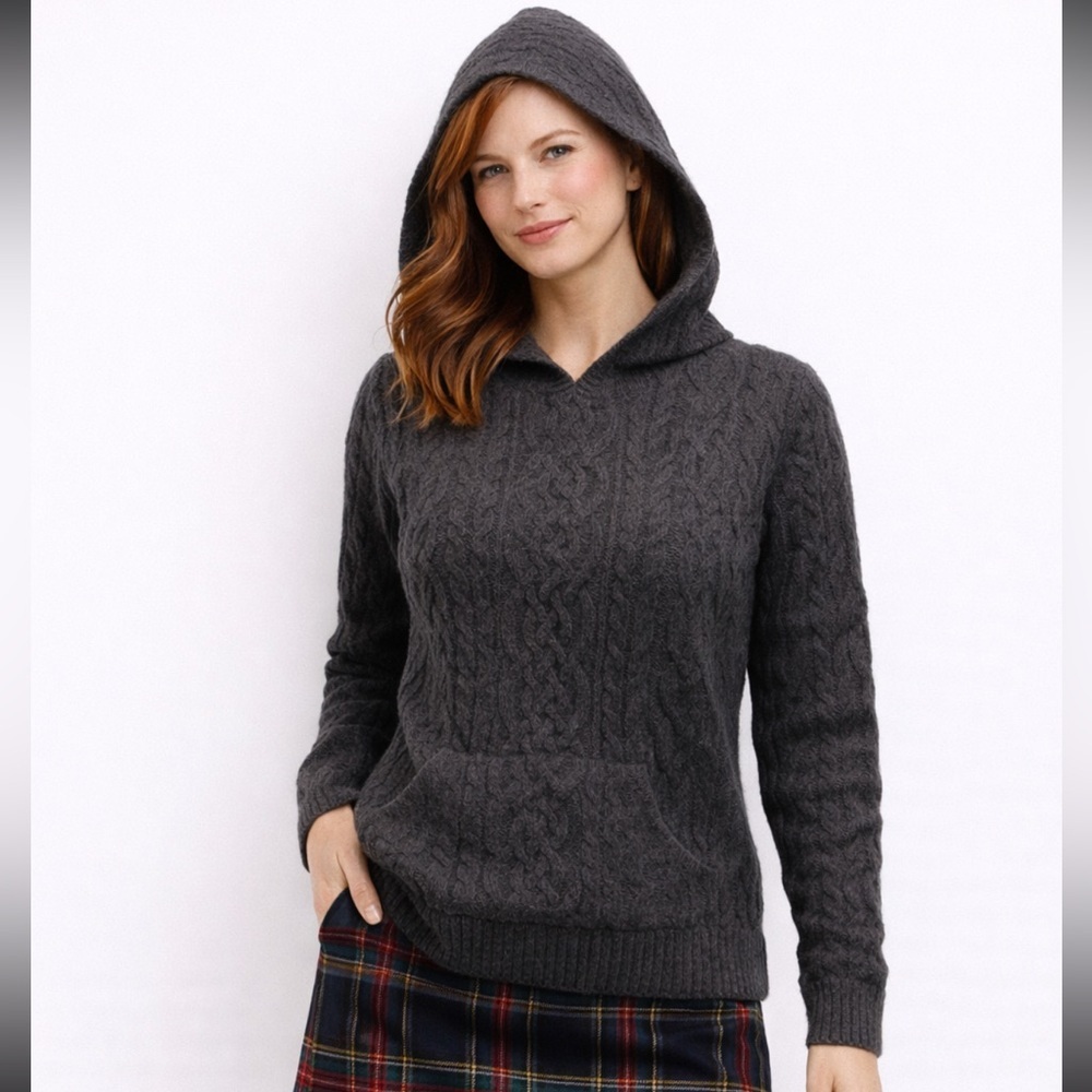 Aran Mor Merino Wool Fisherman Sweater Hooded Cable Knit Pocket Small Grey